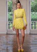 Fashion Women's Heavy Industry Diamond Two Piece Set Short Long Sleeve Tops Wrapped Hip Mini Skirt Female Outfit