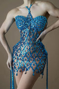 Women's Two-piece Peacock Blue Sequined Rhinestone Tube Top Halter Sheer Dress Fashion Hot Party Stage Performance Evening Gown