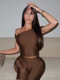 Sexy Irregular Knot 2-Piece Set Women Diognal Collar Crop Top+Capri Pants Stylish Solid Hottie Street Slim Outfits