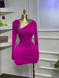Women Long Sleeve Floral Applique Skew Collar Stacked Ruched Bodycon Midi Dress Vacation Holiday Party Birthday Dresses