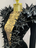 New Shiny Black Rhinestone Velvet Long Sleeve Bodysuit Women Evening Party Club Gala Hosts NightClub Bar Stage Costumes