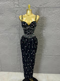 Sophisticated Black Bandage Midi Dress Women Spaghetti Strap Sweetheart Neck Rhinestone Emerald  Bodycon Evening Gown