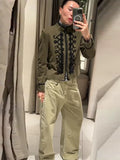Women Woven Patchwork Napoleon Jacket Shoulder Pad Long Sleeve Hook Closure Street Blazer 2026 Spring Chic Casual Edgy Crop Coat