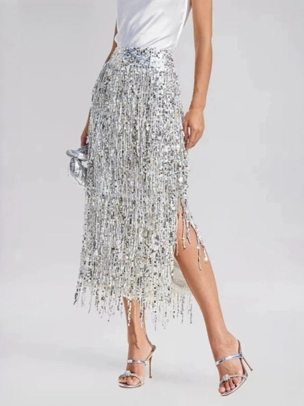 Luxury Sequins Midi Women Skirts High Waist Tassel Skirt for Party Gathering Evening Event Wear Fashion Summer New