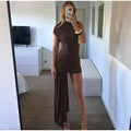 Irregular Brown Lace Uppleated Maxi Dresses Elegant Women's Full Sleeve Slim Fit Patchwork Robes 2025 New Evening Party Gowns
