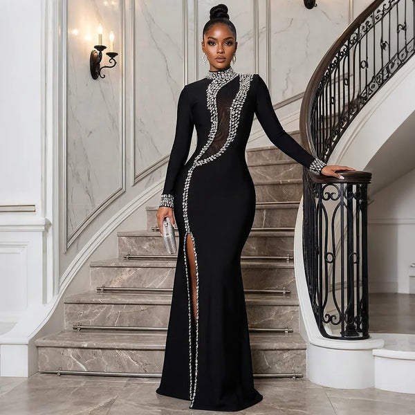 Black Long Sleeve Diamond Mesh Perspective Dress Sexy Celebrity Cocktail Party Bodycon Long Evening Dress