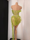 Luxury Green Sheer Mesh Ruffle Dress Neck Crystal Rhinestone Trim Cut Out Slim Fit Evening Wedding Guest Cocktail Party Dress