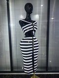 High Quality Women Sexy Slash Neck Striped 2 Pieces Bodycon Midi Bandage Dress Nightclub Party Celebrate Evening Clothing