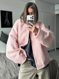 Pink Short Fur Jacket Coat For Women Autumn Winter Casual Stand Collar Pocket Loose Fashion Long Sleeve Jacket Top Female