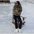 Fashion Leopard Print Ski Suit Women Stand Collar Hooded Zipper Coat Chic Slim Pants 2026 Winter Warm Casual Sport Windproof Set