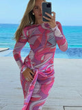 Women's Chic Printed Mesh Maxi Dress Bodycon Long Sexy Beach Swim Party Dresses New Holiday Vacation Cover Up Casual Outfit