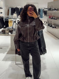 Elastic Drawstring Leather Jacket Zipper Stand Collar Long Sleeved Short Jackets Lady 2026 Autumn Women Chic Street Outerwear