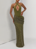 Glam Halter Cutout Maxi Dress for Women Solid Sleeveless Bodice Sequin Draped Wrap Skirt Back Slit for Evening Occasions
