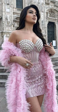 Women's Stylish Shawl Super Shiny Rhinestone Sequin Embroidered Pink Tube Top Dress Luxury Haute Couture Fashion Hot Party Gown