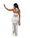 Sexy Cutout Crochet Beach Dress 2026 Summer Women One Shoulder Backless Knitted Sequined Fringe Tassel Midi Dress Clubwear
