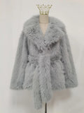 Solid Fashionable Fuax Fur Jacket for Women Lapel Long Sleeves Slim Spliced Lace Up Coat Female Winter Clothing New