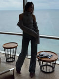 Women's Ribbed Knit Turtleneck Cutout Shoulder Halter Vest Long-Sleeved Shawl 2-Piece Set Slim Y2K Sexy Street Autumn Top