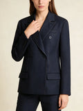 Navy Business Meetings Women's White Topstitch Trim Blazers Double Breasted Design Lapel Blazer for Office Commute
