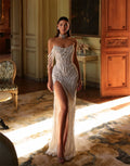 Pearl Beaded Fringe Sleeve Evening Gown High Slit Sparkly Sequined Gala Party Glamorous Luxury Red Carpet Mermaid Dress