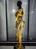 Pink Golden Women Sexy Mesh See Through Bodycon Long Dress 3D Leaves Celebrate Birthday Photoshoot Performance Costumes Wear
