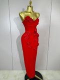 Newest Sexy Strapless Backless Red Flower Long Bandage Dress Women Celebirty Elegant Prom Evening Club Party Birthday Dresses