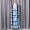 Hit Color Ruffles Cake Maxi Dress for Women Square Collar Off The Shoulder Spliced Bow Evening Temperament Dresses Female