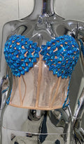Women's Two-piece Peacock Blue Sequined Rhinestone Tube Top Halter Sheer Dress Fashion Hot Party Stage Performance Evening Gown