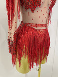 Women Sparkly Rhinestone Sequin Tassel Stretch Bodysuits 2025 New Arrival Birthday Party Nightclub Dj Stage Performance Costume