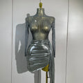 Women Sparkly Rhinestone Birthday Evening Party Nightclub Team Stage Show Costume Sexy Mesh See Through Long Sleeves Mini Dress
