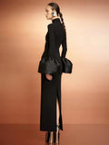 Women Elegant Evening Club Party Trumpet Long Sleeves Sexy Turtleneck Tight Maxi Bandage Dress Black Vestido