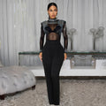 Sexy Rhinestone Patchwork Bodycon Jumpsuits Women Mesh See Through Long Sleeves Rompers Female Party Clubwear Overalls