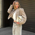 Women Double-Breasted Stand Collar Cropped Jacket Long-Sleeved Solid Zipper Metal Button Fashion Street Coat Autumn Winter