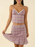 Casual Coffee Polka Dot Two Piece Set for Women Lace Trim Cami Sheer Mesh Ruffled Midi Skirt Set for Vintage Dates