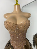Sexy Diamond Feather Shining Mini Dress Strapless For Women Luxury Birthday Celebrity Evening Gown Performance Wear