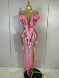 Sparkly Diamonds Pearl Transparent Mesh Long Dress Women Evening Party Birthday Wedding Gown Celebrity Sexy Stage Outfit