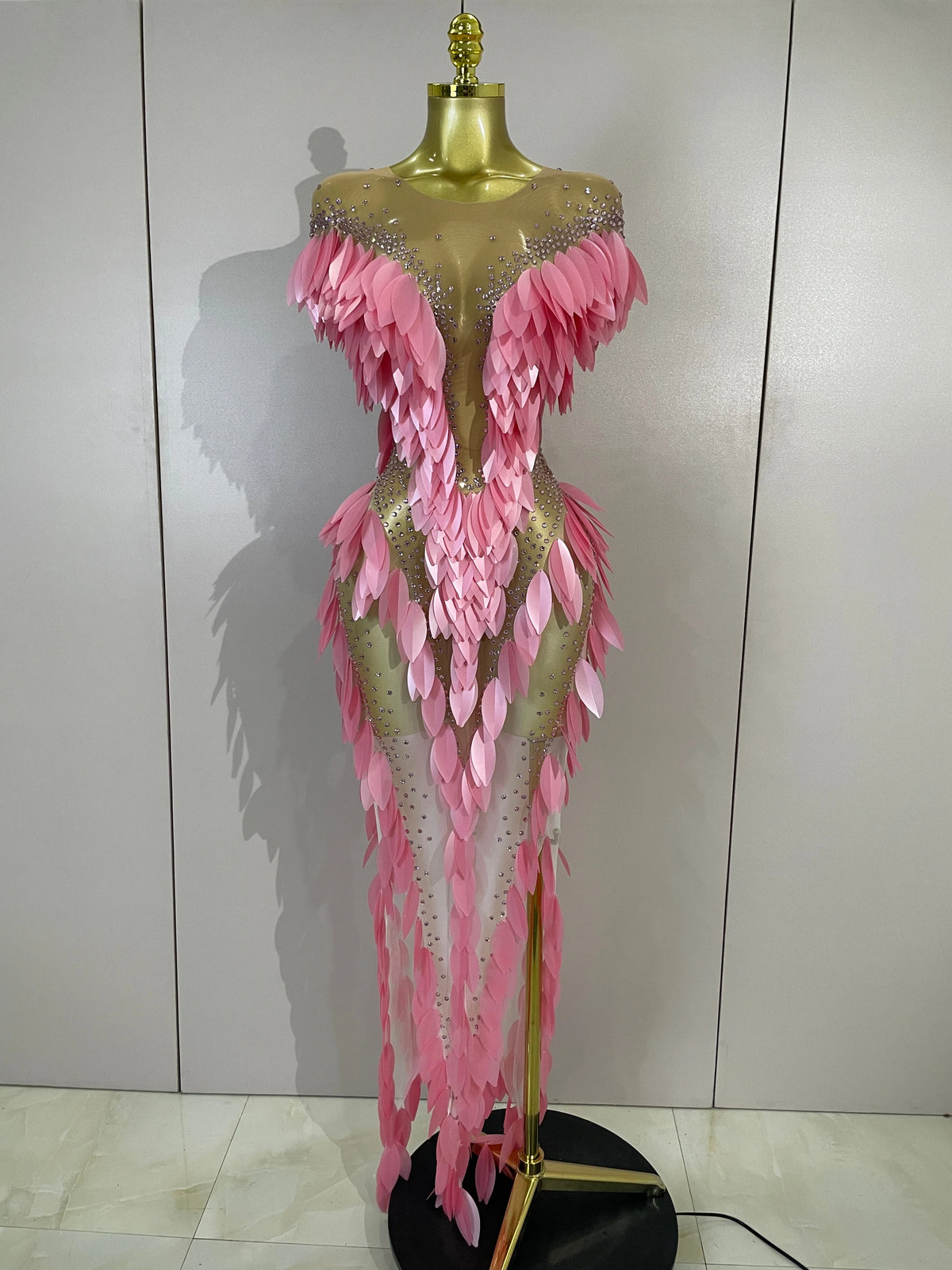 Sparkly Diamonds Pearl Transparent Mesh Long Dress Women Evening Party Birthday Wedding Gown Celebrity Sexy Stage Outfit