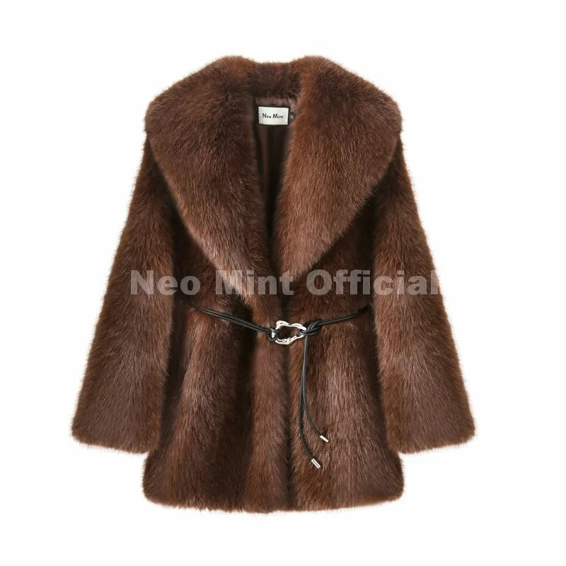Winter Hot Brown Belted Faux Fur Coat Women Thick Warm Long Fox Fur Jacket Chic Brand Fashion Girls Furry Overcoat
