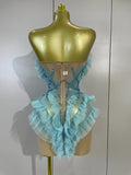 Women Sky Blue Sexy Strapless Mesh Ruffled See Through Mini Dress Luxury Rhinestone Birthday Evening Party Nightclub Stage Wear