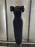 Black Pink Women Sexy Short Sleeve Shining Rhinestones Bodycon Long Bandage Dress Elegant Evening Bithday Party Cocktail Wear