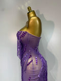 Women Sexy Strapless Purple Rhinestone Tassels Maxi Long Dress Birthday Photo Shoot Bar Nightclub Stage Performance Outfit