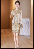 Classic Champagne Golden Mother Bride Cheongsam Dresses Chinese Embroidered Wedding Evening Dress for Women Party