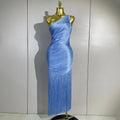 Women Elegant Evening Party Cocktail Club Prom Gowns Birthday Dress Sexy One Shoulder Tassels Sky Blue Bodycon Bandage Dress
