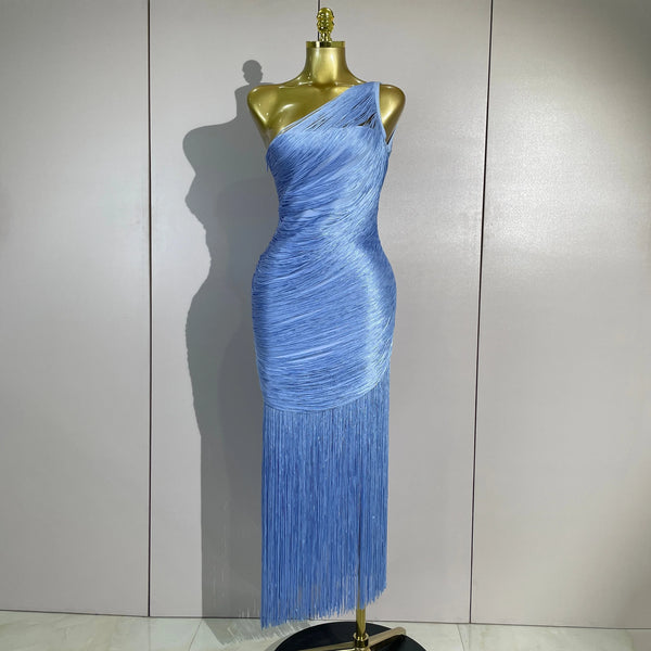 Women Elegant Evening Party Cocktail Club Prom Gowns Birthday Dress Sexy One Shoulder Tassels Sky Blue Bodycon Bandage Dress