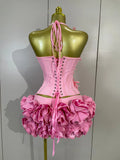 Newest Sexy Halter Pink Prom Gown Celebrity Club Two Piece Set Cocktail Elegant Fashion Luxury Birthday Party Club Bandage Dress