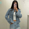 Cropped Denim Jacket Women Stand Collar Bell Sleeves Double Breasted Splicing Retro Fashion Biker-Style Coat Autumn 2026