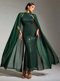 Sexy Party Women's Green Sequined Dress Fashion Chiffon Cloak Sleeve Bodycon Wedding Guest Evening Cocktail Long Dresses