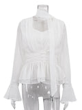 Elegant Lace Women Shirts V Neck Long Sleeve Sheer Chic Loose Shirt for Dating Casual Daily Wear Fashion Autumn New