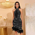 Women Sexy Off Shoulder Diamond Feather Halter Mini Bandage Dress For Women Backless Celebrate Evening Party Dresses Gown