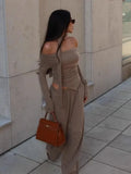 Solid Two Piece Set for Women Slash Neck Irregular Hem Long Sleeve Top High Waist Straight Pant Casual Suit Female