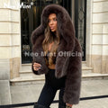 Trendy 2026 Winter Chocolate Brown Fashion Faux Fox Fur Jacket Coat Women Chic Girls Street Hooded Furry Short Overcoat